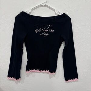 Kavio Girls Night Out Las Vegas Shirt XL Lettuce Hem Flare Sleeve Black Pink Y2K